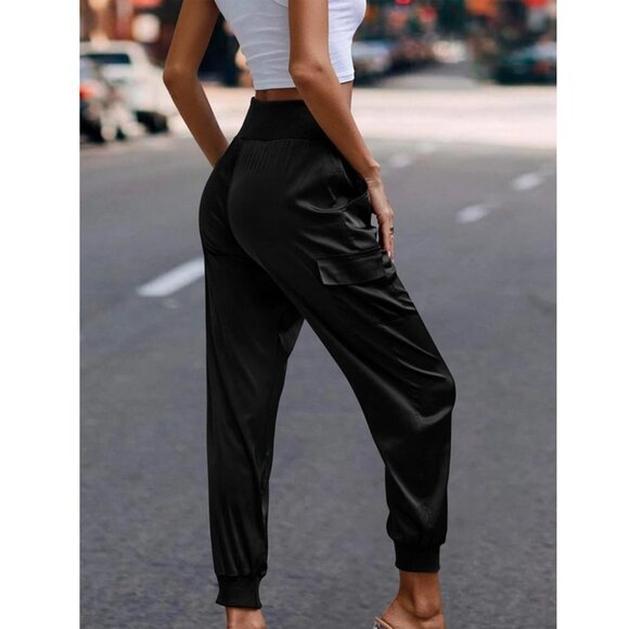 Luxe Look Satin Pocketed High Waist Joggers - Black - Picture 4 of 12